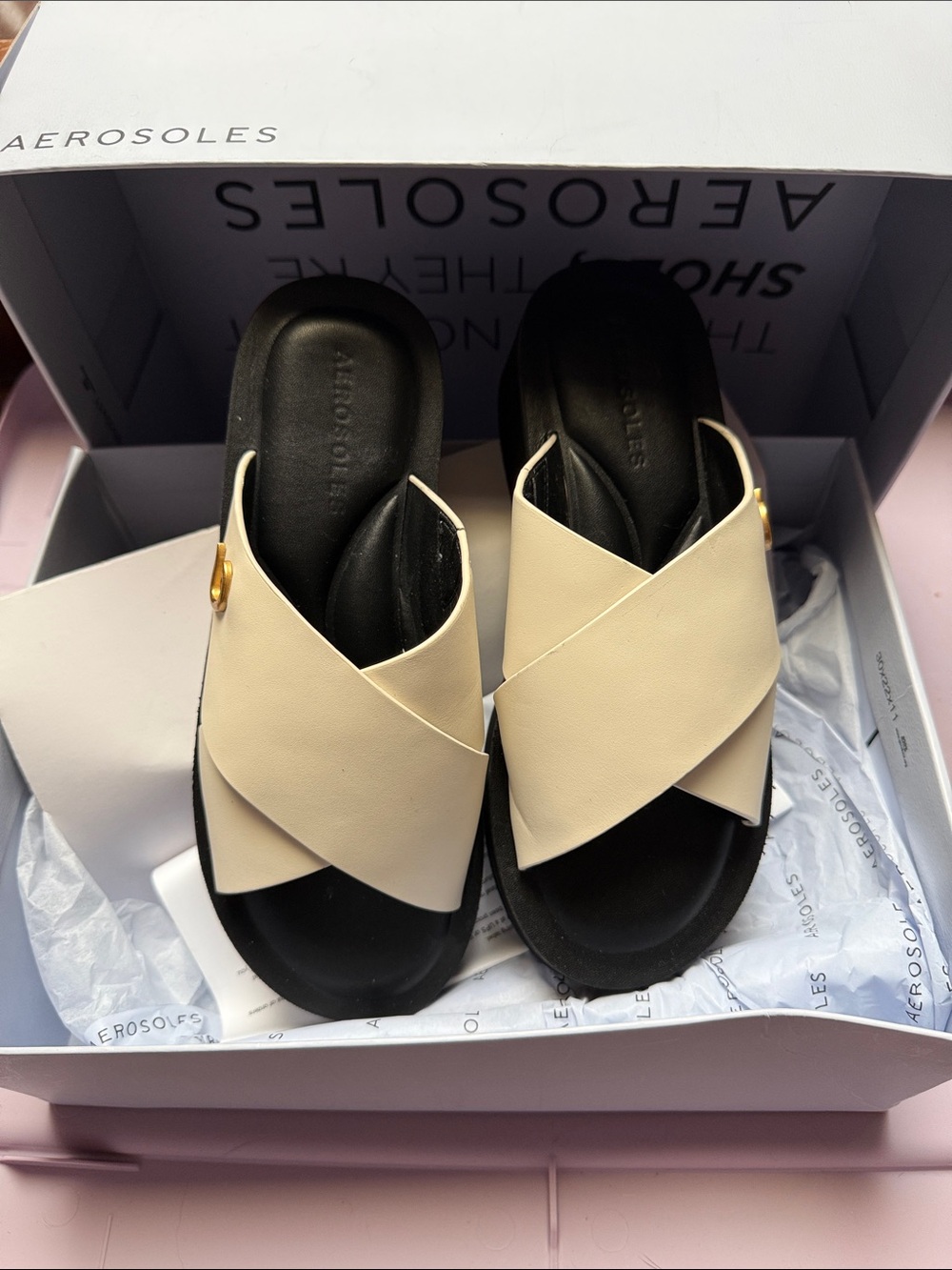 AEROSOLES Cream Cross-Band Slide Sandals with Black Footbed